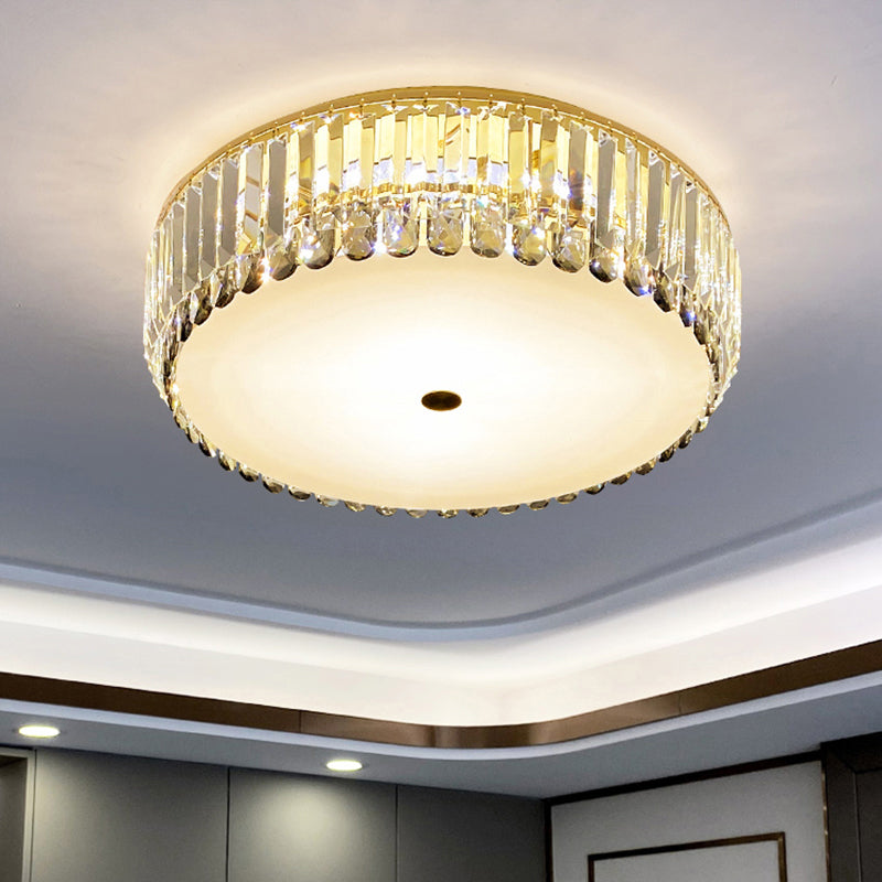Crystal LED Flush-Mount Ceiling Light with Brass Finish Drum Shape - Simplistic Elegance