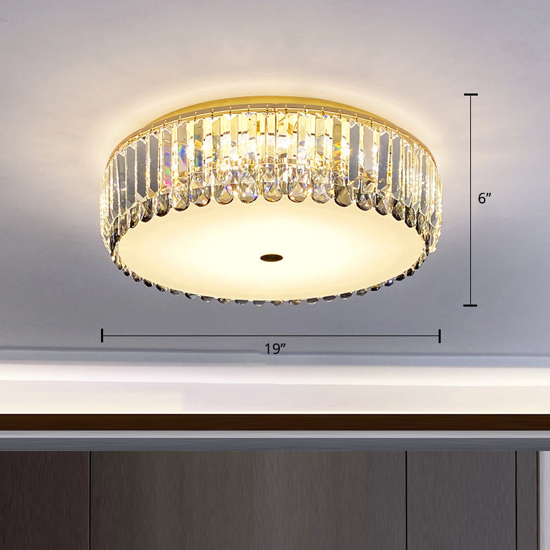 Crystal LED Flush-Mount Ceiling Light with Brass Finish Drum Shape - Simplistic Elegance