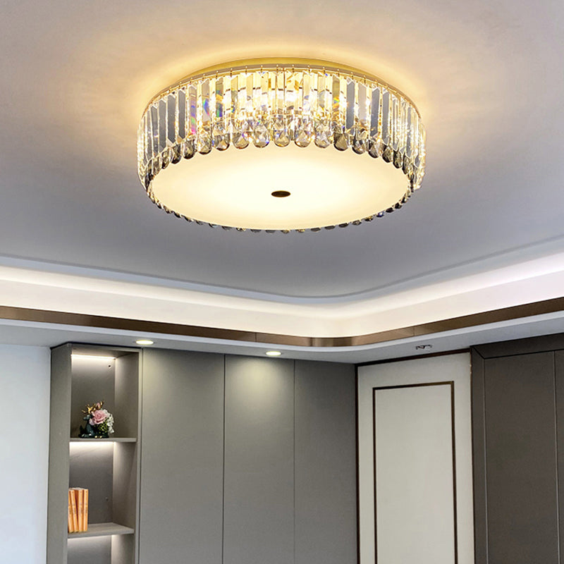Crystal LED Flush-Mount Ceiling Light with Brass Finish Drum Shape - Simplistic Elegance