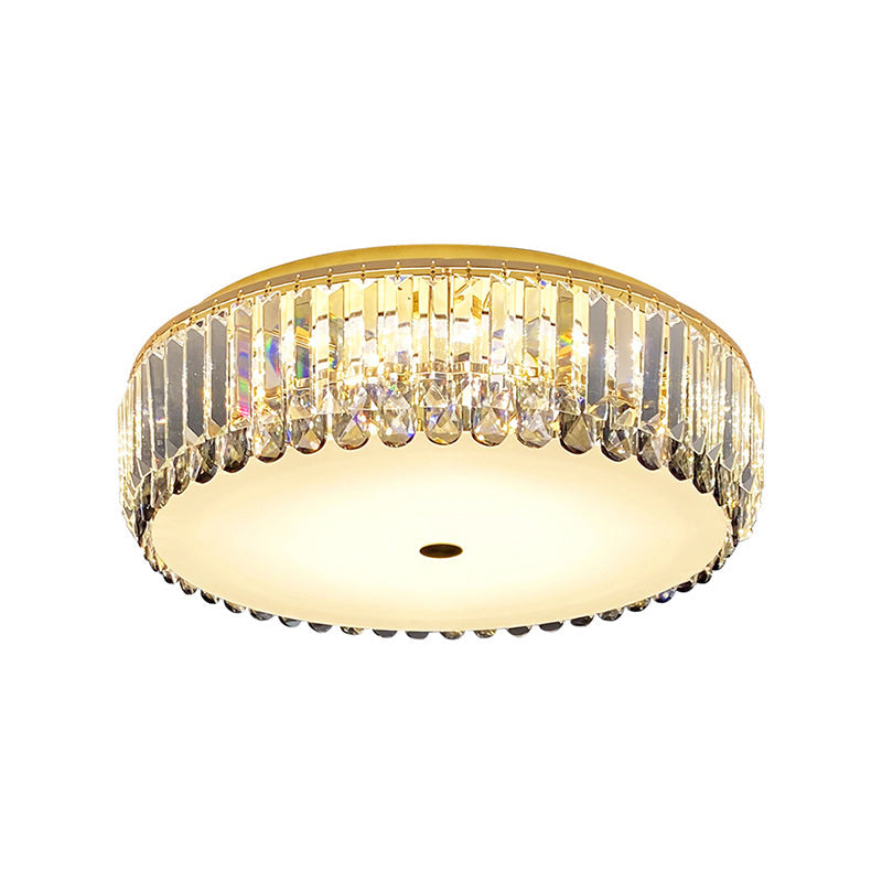 Crystal LED Flush-Mount Ceiling Light with Brass Finish Drum Shape - Simplistic Elegance