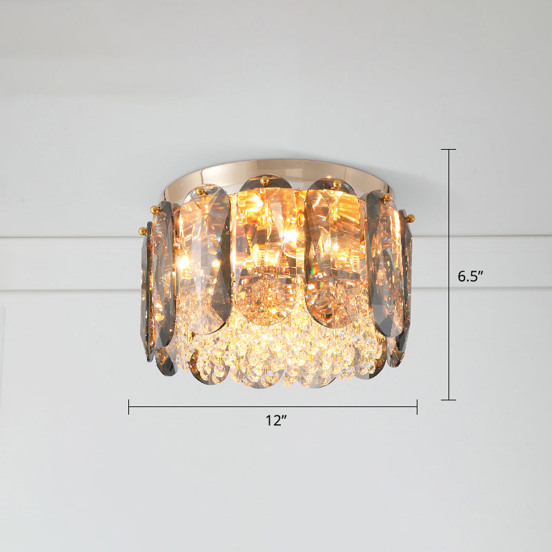 Modern 3-Light Brass Drum Flushmount Crystal Ceiling Light for Corridor