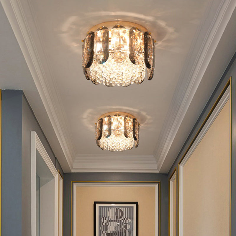 Modern 3-Light Brass Drum Flushmount Crystal Ceiling Light for Corridor