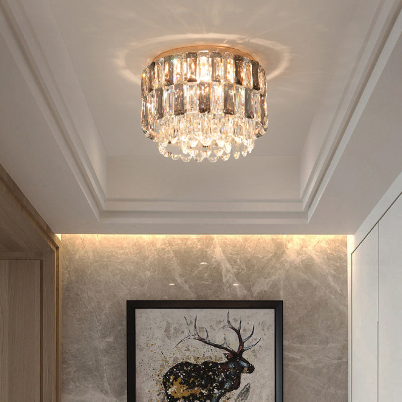 Modern 3-Light Brass Drum Flushmount Crystal Ceiling Light for Corridor