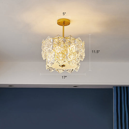 Gold Minimalist Chandelier with Crystal Hexagonal Shade - Living Room Ceiling Suspension Lamp