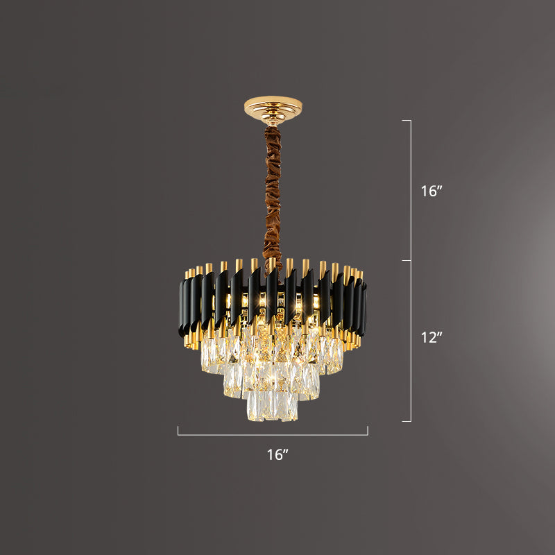 Modern Black Conical Pendant Lamp with Opulent K9 Crystal Prism Chandelier - Perfect for Restaurants