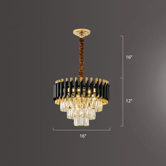 Modern Black Conical Pendant Lamp with Opulent K9 Crystal Prism Chandelier - Perfect for Restaurants