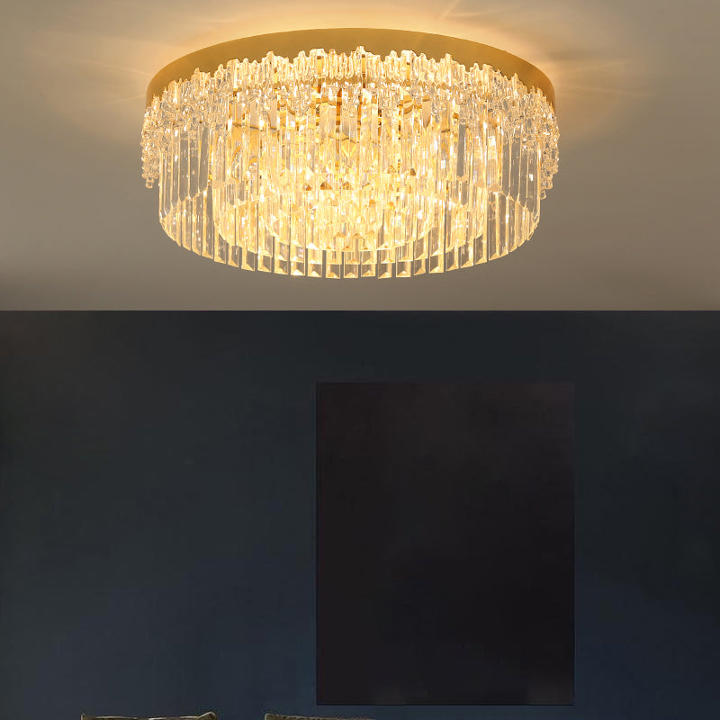 Modern Crystal Gold Flush Mount Light with Tri-Sided Drum Shape