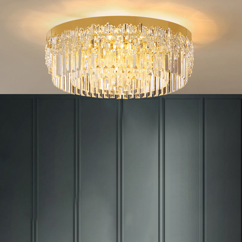 Modern Crystal Gold Flush Mount Light with Tri-Sided Drum Shape