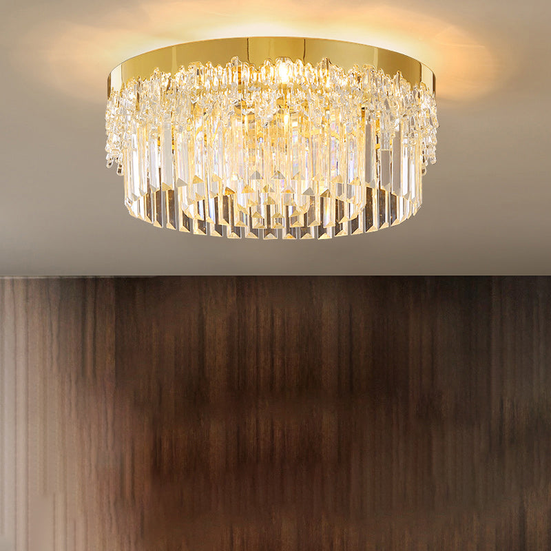 Modern Crystal Gold Flush Mount Light with Tri-Sided Drum Shape