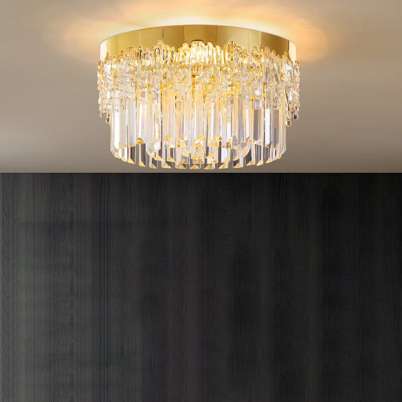 Modern Crystal Gold Flush Mount Light with Tri-Sided Drum Shape