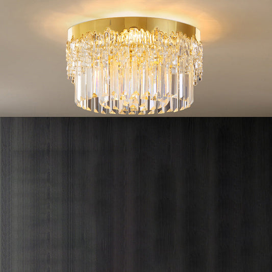 Modern Crystal Gold Flush Mount Light with Tri-Sided Drum Shape