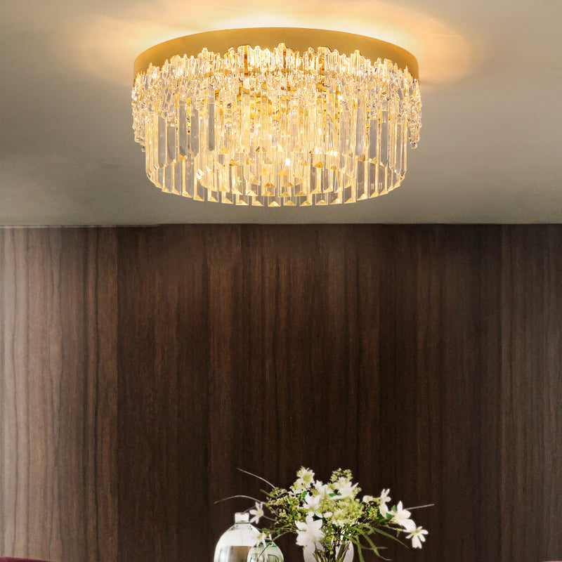 Modern Crystal Gold Flush Mount Light with Tri-Sided Drum Shape