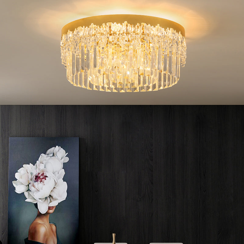 Modern Crystal Gold Flush Mount Light with Tri-Sided Drum Shape