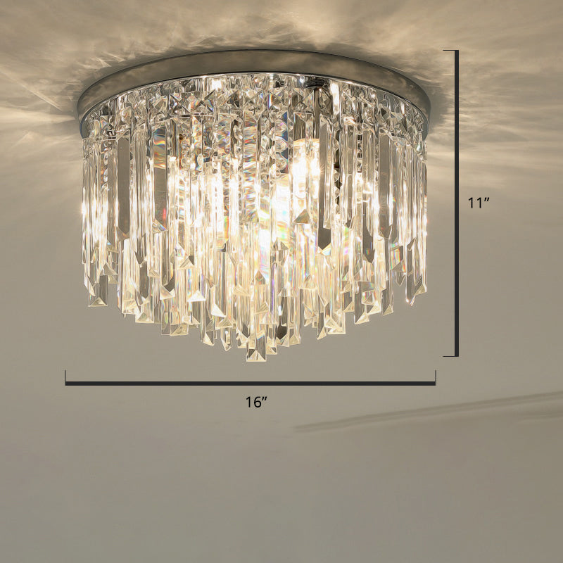 Modern Round Flushmount Bedroom Ceiling Light with Clear Crystal Icicles