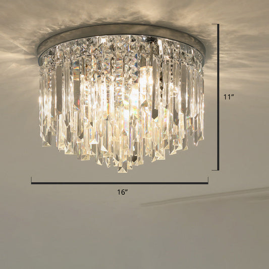 Modern Round Flushmount Bedroom Ceiling Light with Clear Crystal Icicles
