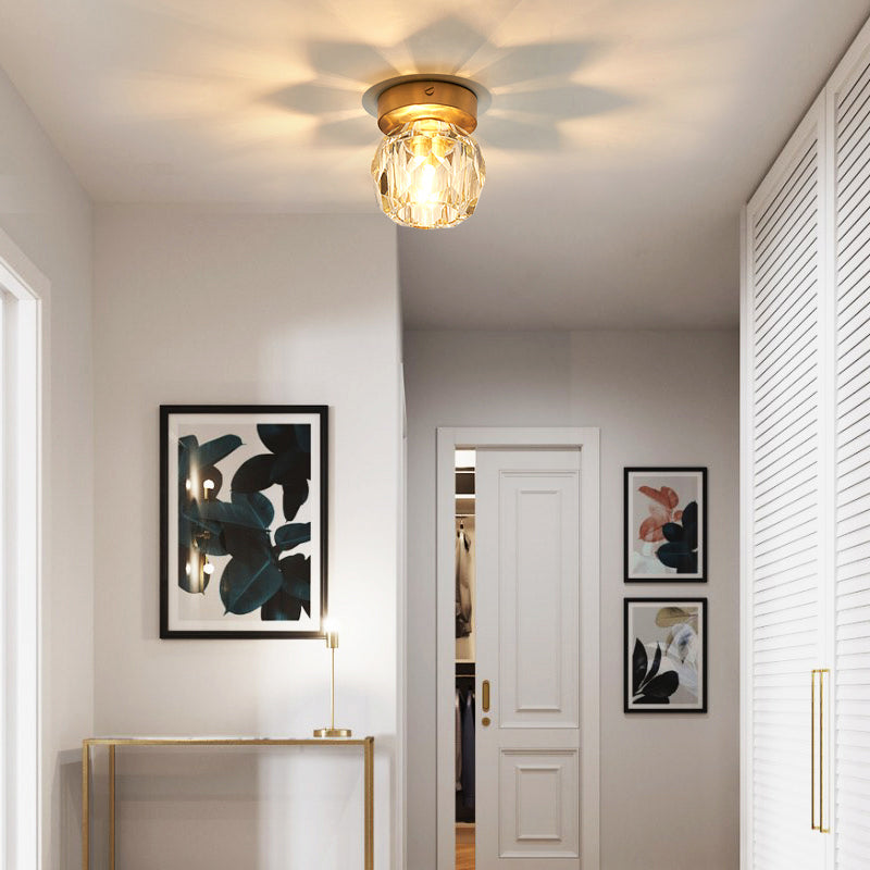 Simple and Elegant Mini Faceted Crystal Flush Light in Gold - Ideal for Corridors and Small Spaces