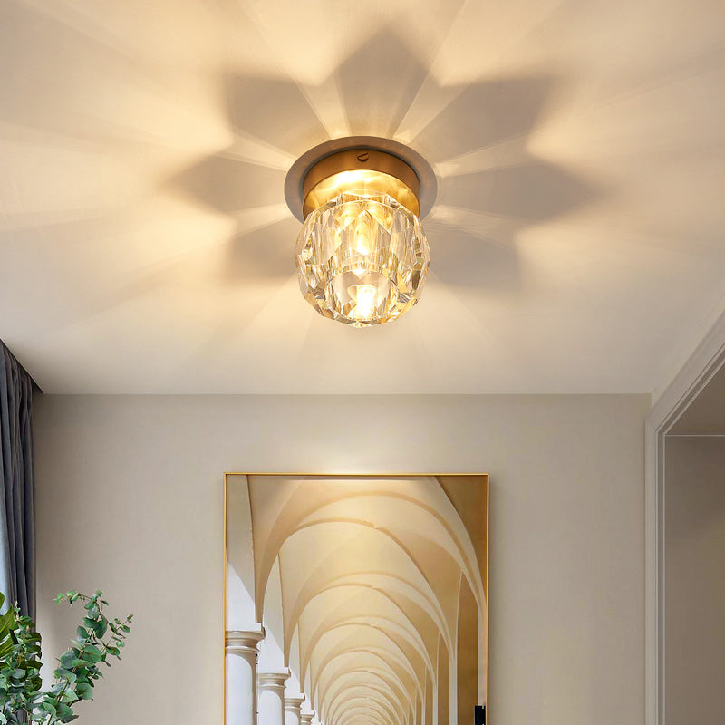 Simple and Elegant Mini Faceted Crystal Flush Light in Gold - Ideal for Corridors and Small Spaces