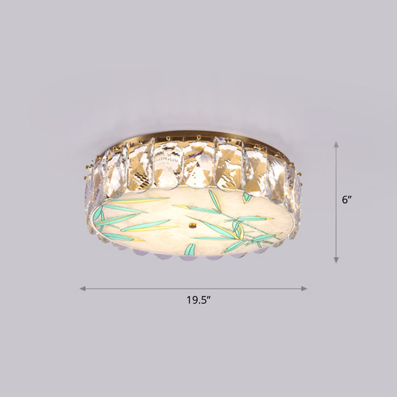Gold LED Crystal Flush Ceiling Light: Hand-Painted Drum Design, Modern Bedroom Fixture
