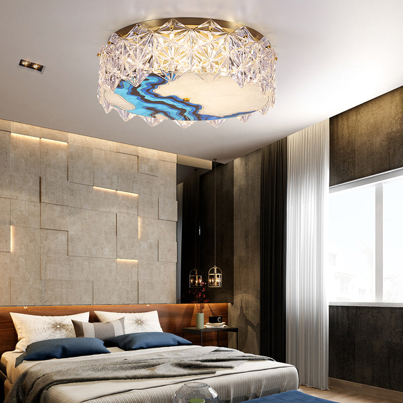 Gold LED Crystal Flush Ceiling Light: Hand-Painted Drum Design, Modern Bedroom Fixture