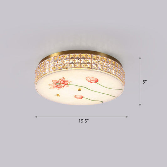Gold LED Crystal Flush Ceiling Light: Hand-Painted Drum Design, Modern Bedroom Fixture