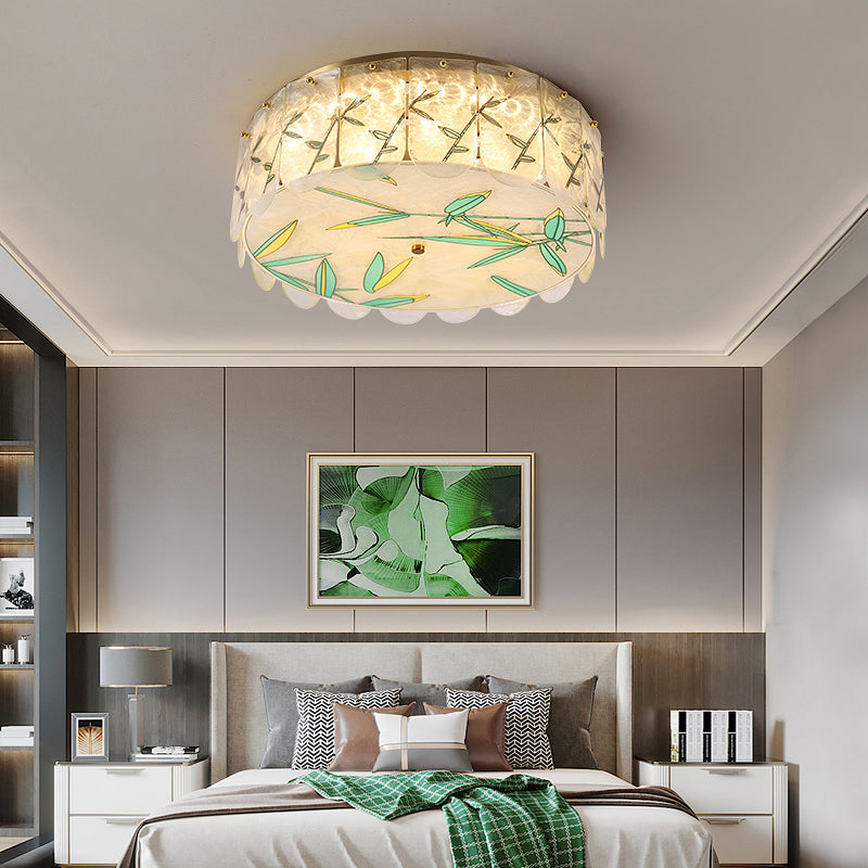 Gold LED Crystal Flush Ceiling Light: Hand-Painted Drum Design, Modern Bedroom Fixture
