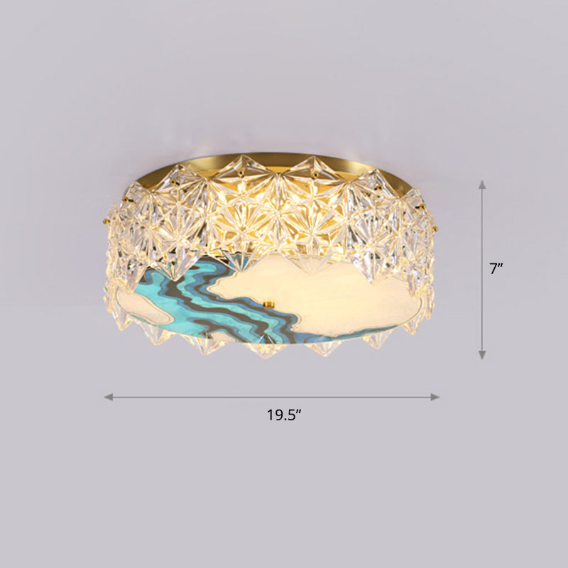 Gold LED Crystal Flush Ceiling Light: Hand-Painted Drum Design, Modern Bedroom Fixture