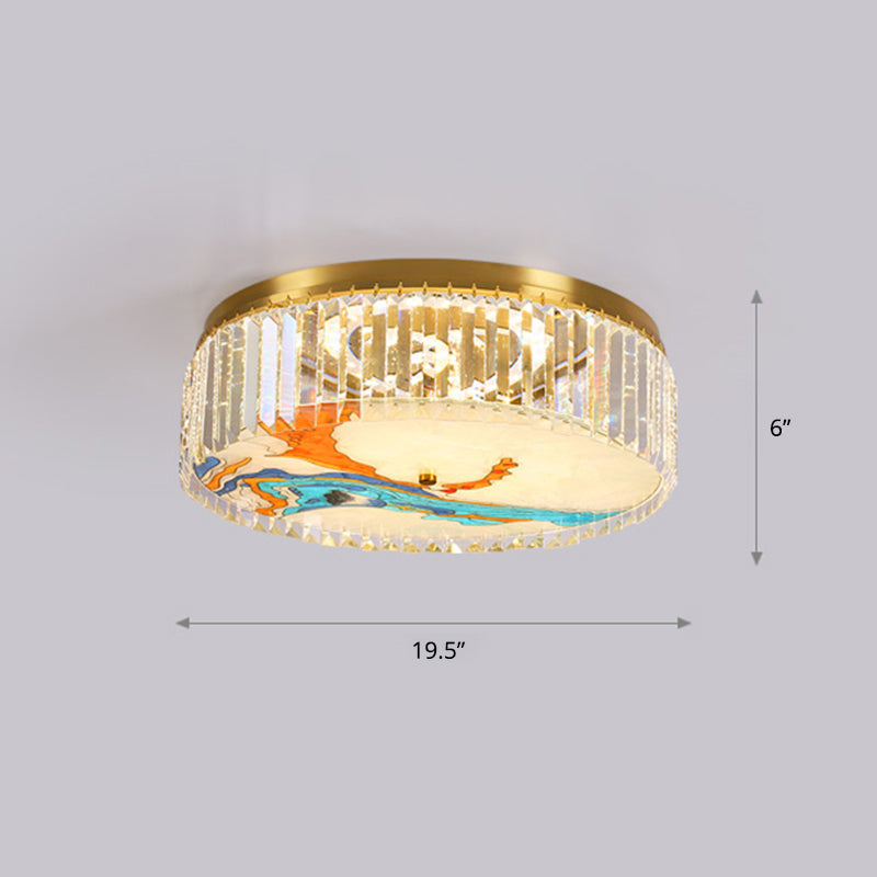 Gold LED Crystal Flush Ceiling Light: Hand-Painted Drum Design, Modern Bedroom Fixture