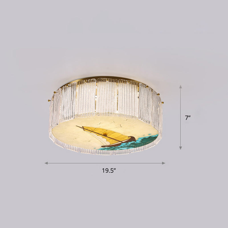 Gold LED Crystal Flush Ceiling Light: Hand-Painted Drum Design, Modern Bedroom Fixture