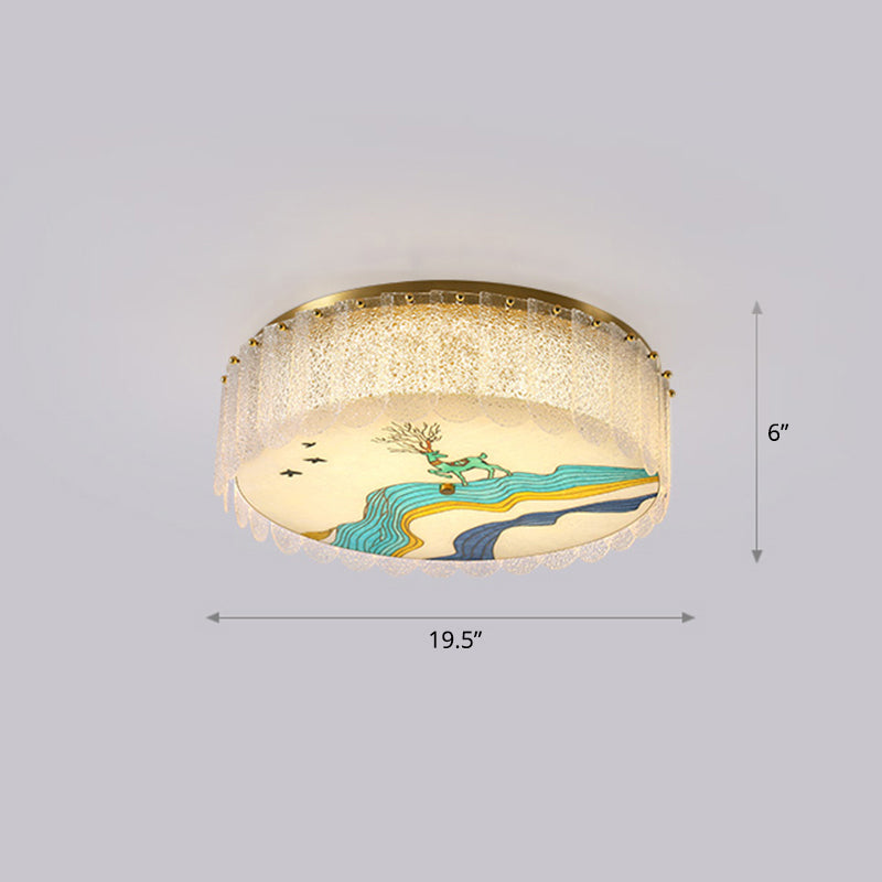Gold LED Crystal Flush Ceiling Light: Hand-Painted Drum Design, Modern Bedroom Fixture