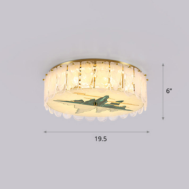 Gold LED Crystal Flush Ceiling Light: Hand-Painted Drum Design, Modern Bedroom Fixture