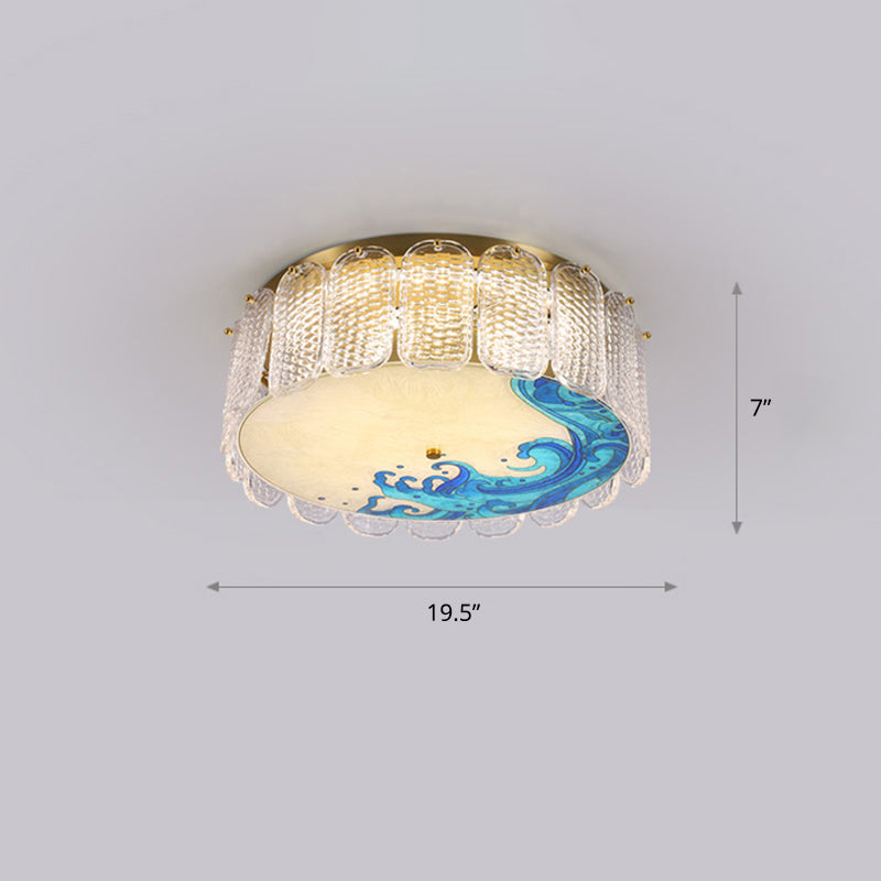 Gold LED Crystal Flush Ceiling Light: Hand-Painted Drum Design, Modern Bedroom Fixture