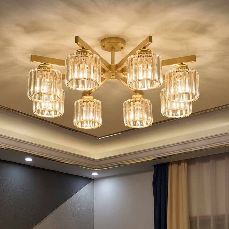 Contemporary Crystal Prism Cylindrical Semi Flush Chandelier Ceiling Light For Living Room