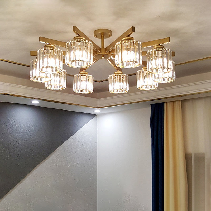 Contemporary Crystal Prism Cylindrical Semi Flush Chandelier Ceiling Light For Living Room