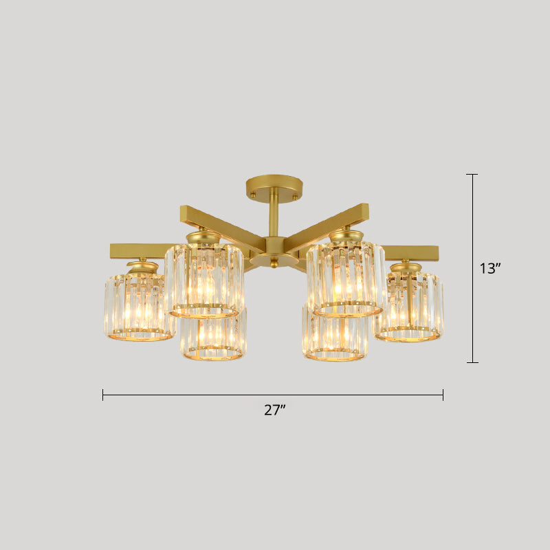 Contemporary Crystal Prism Cylindrical Semi Flush Chandelier Ceiling Light for Living Room