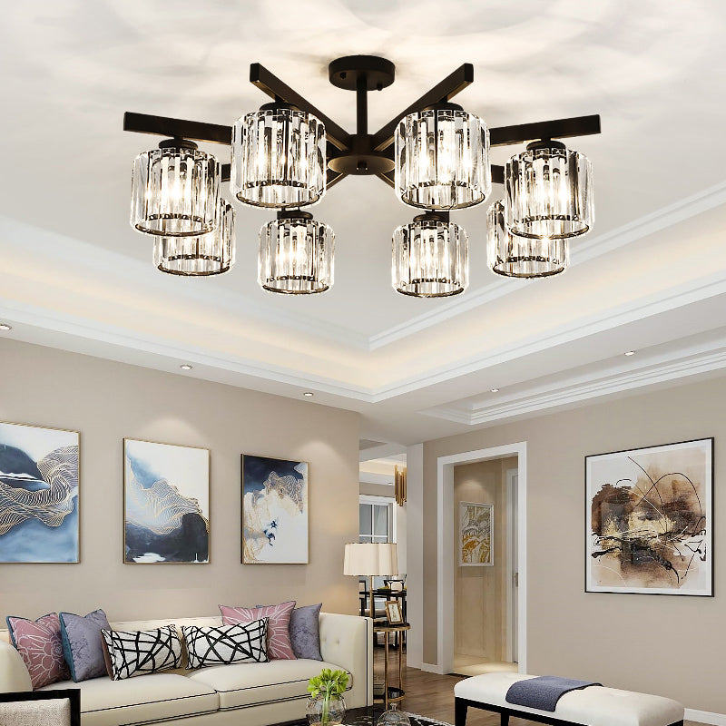 Contemporary Crystal Prism Cylindrical Semi Flush Chandelier Ceiling Light For Living Room