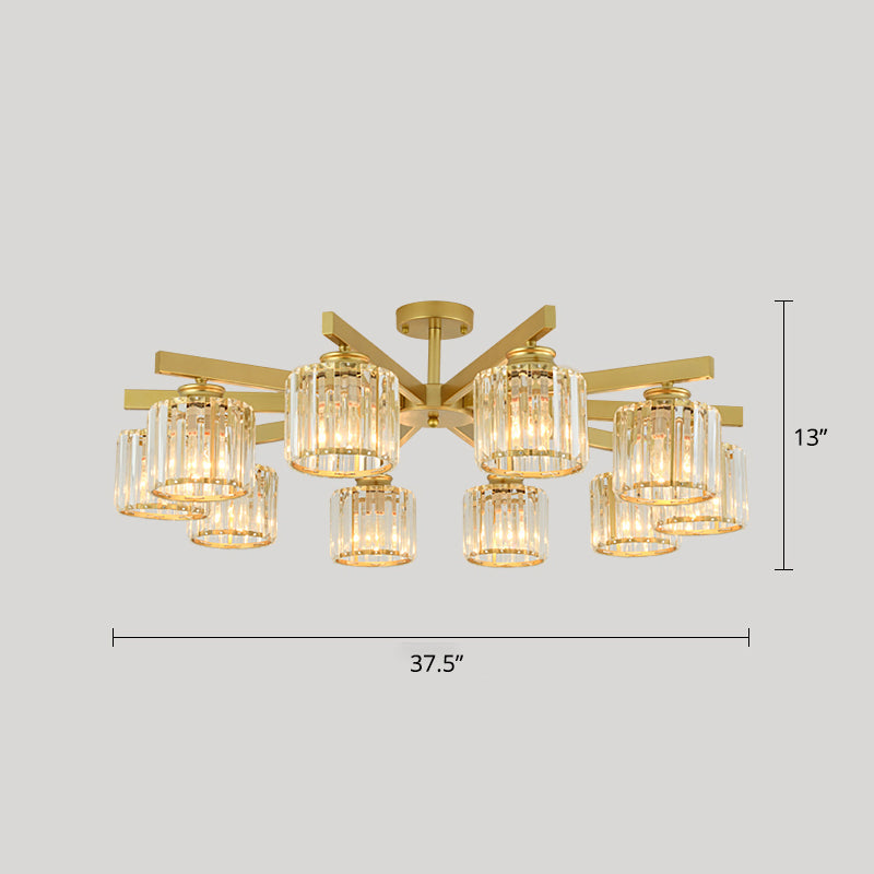 Contemporary Crystal Prism Cylindrical Semi Flush Chandelier Ceiling Light For Living Room 10 / Gold