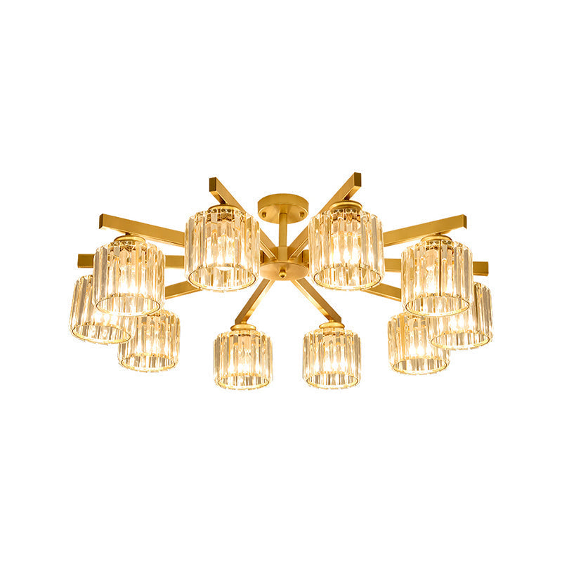 Contemporary Crystal Prism Cylindrical Semi Flush Chandelier Ceiling Light for Living Room