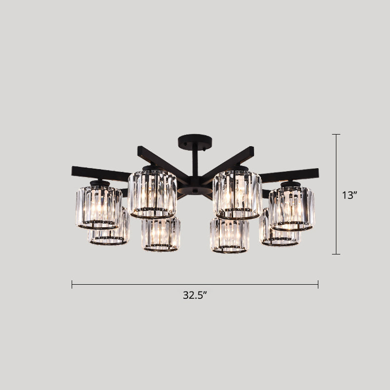 Contemporary Crystal Prism Cylindrical Semi Flush Chandelier Ceiling Light for Living Room
