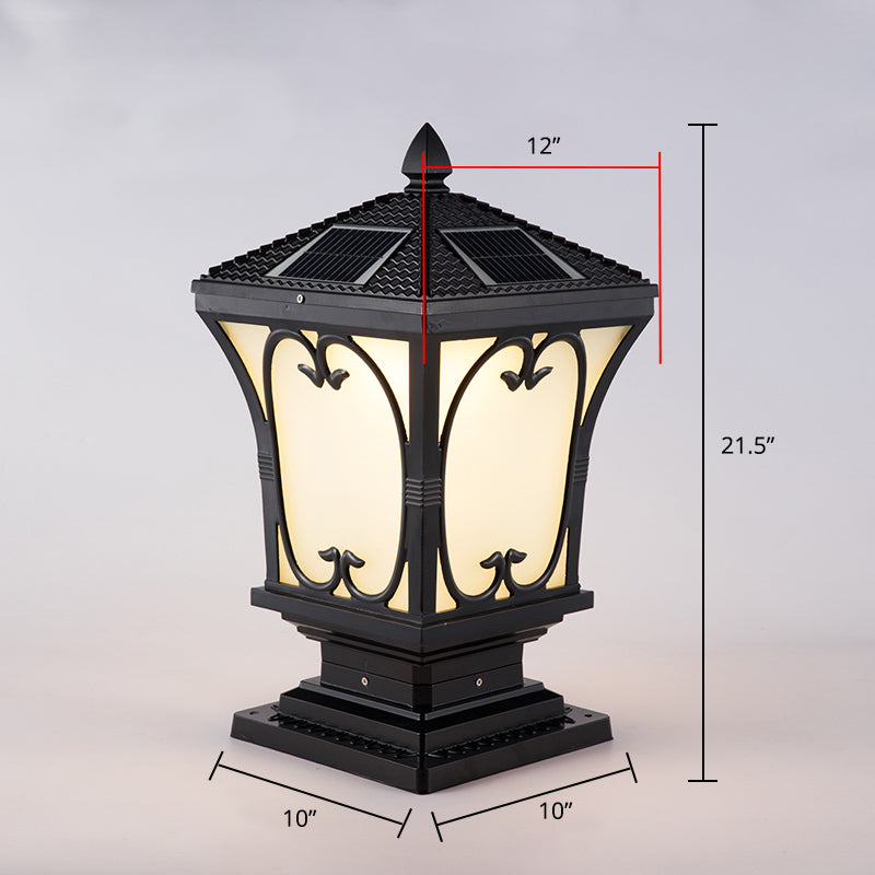 Vintage Frosted Glass Solar Outdoor Lamp - Flared Garden Post Light Fixture Black / 12