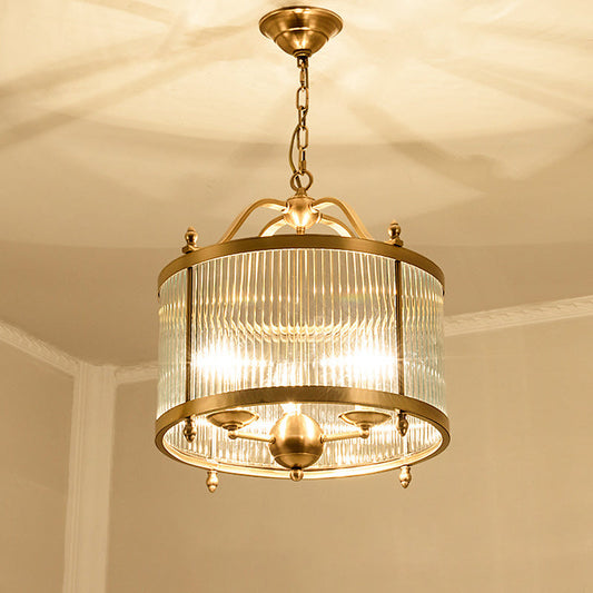 Contemporary Fluted Glass Brass Drum Chandelier - 3/5 Bulbs 16/19.5/23.5 Wide / 16