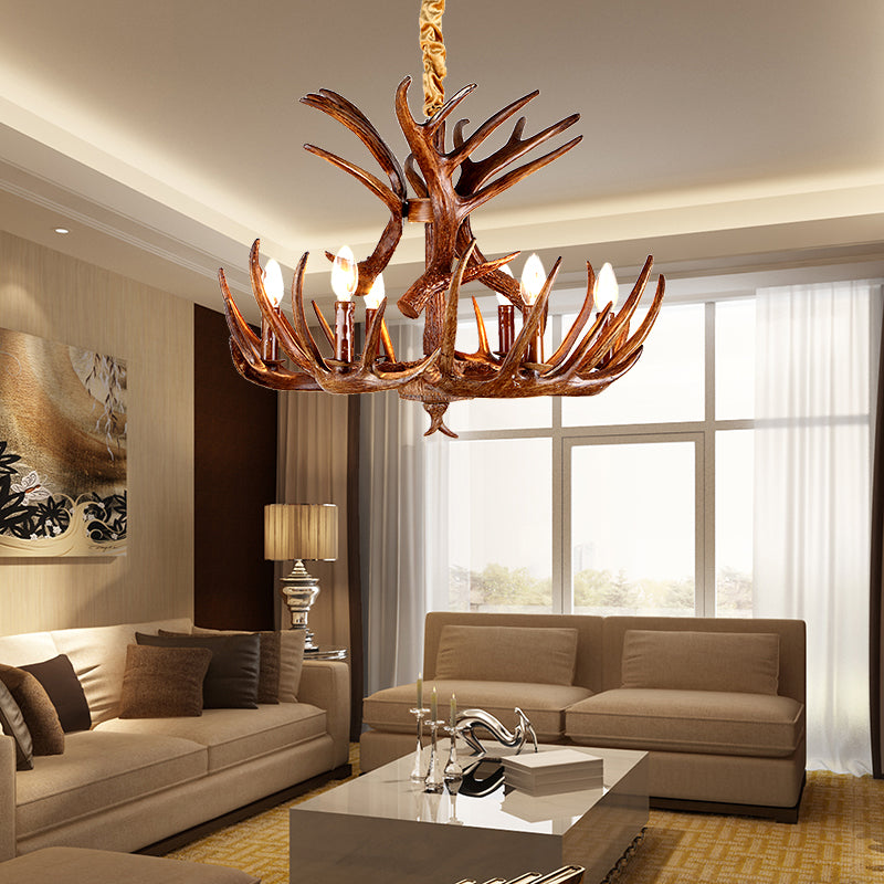 Antler Resin Chandelier: Traditional Candle Shape Hanging Lamp With 4/6/9 Bulbs In Coffee