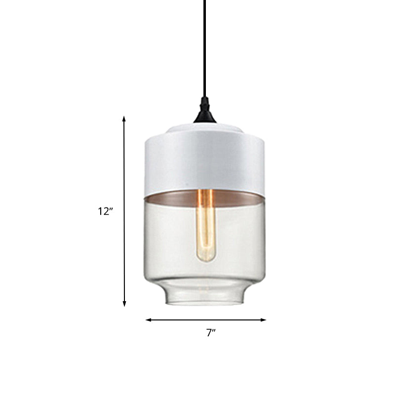 Modern 1-Light Drum/Cylinder/Jar Suspension Pendant – Clear/Yellow Glass – White/Black Fixture