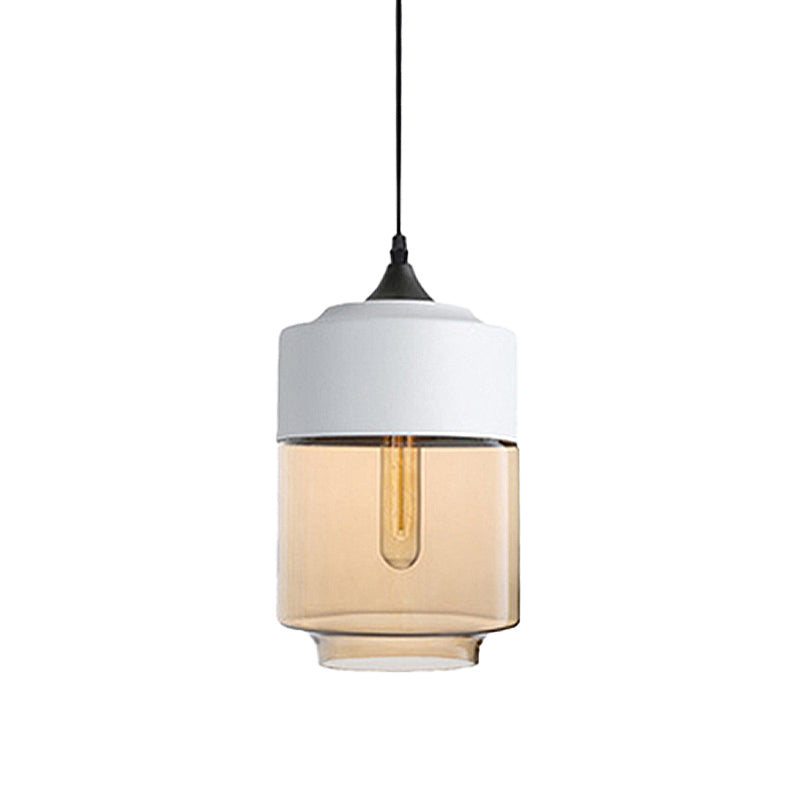 Modern 1-Light Drum/Cylinder/Jar Suspension Pendant – Clear/Yellow Glass – White/Black Fixture