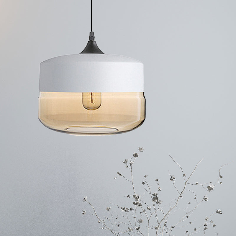 Modern 1-Light Drum/Cylinder/Jar Suspension Pendant – Clear/Yellow Glass – White/Black Fixture