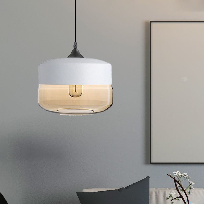 Modern 1-Light Drum/Cylinder/Jar Suspension Pendant – Clear/Yellow Glass – White/Black Fixture