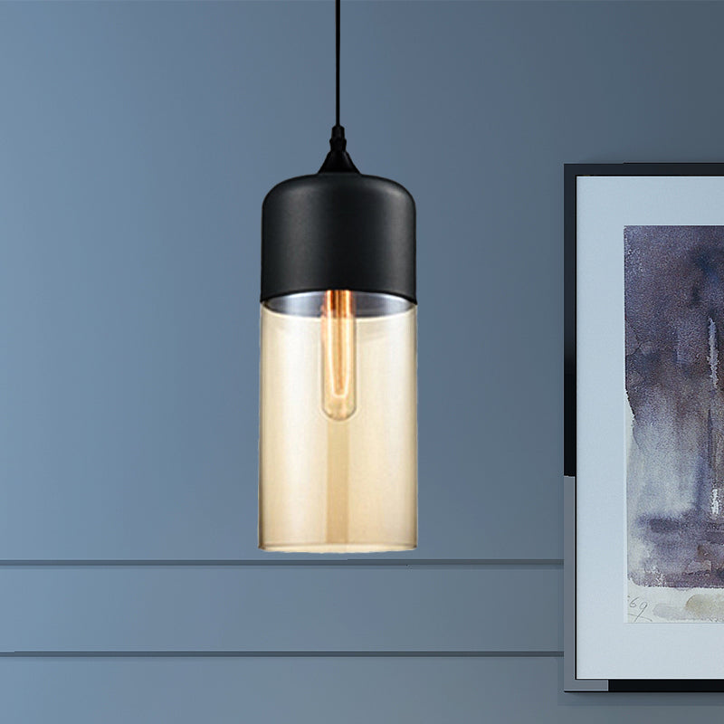 Modern 1-Light Drum/Cylinder/Jar Suspension Pendant – Clear/Yellow Glass – White/Black Fixture
