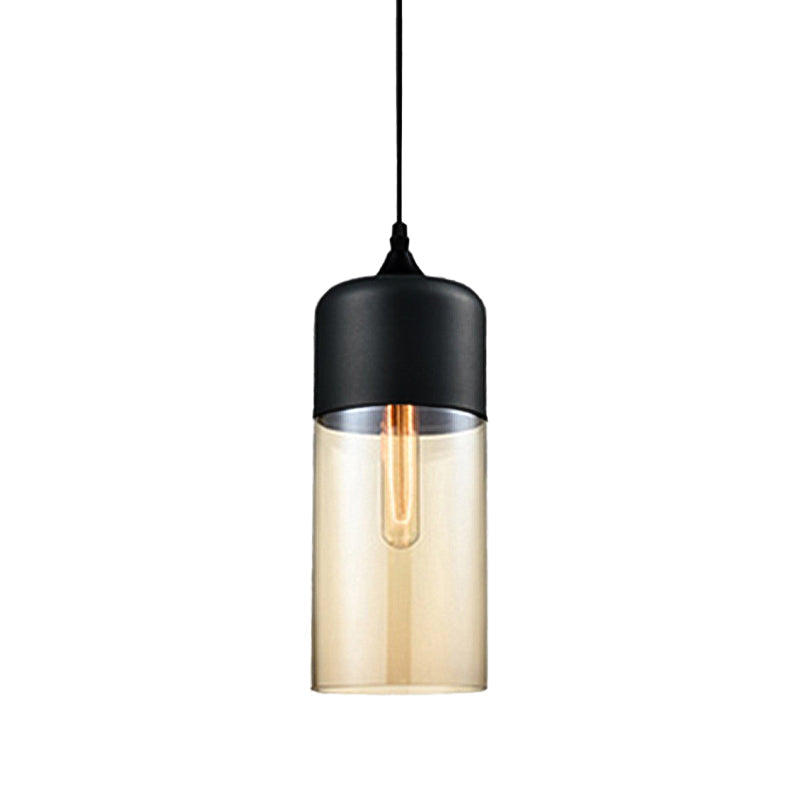 Modern 1-Light Drum/Cylinder/Jar Suspension Pendant – Clear/Yellow Glass – White/Black Fixture