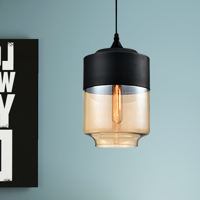Modern 1-Light Drum/Cylinder/Jar Suspension Pendant – Clear/Yellow Glass – White/Black Fixture