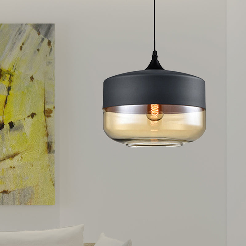Modern 1-Light Drum/Cylinder/Jar Suspension Pendant – Clear/Yellow Glass – White/Black Fixture