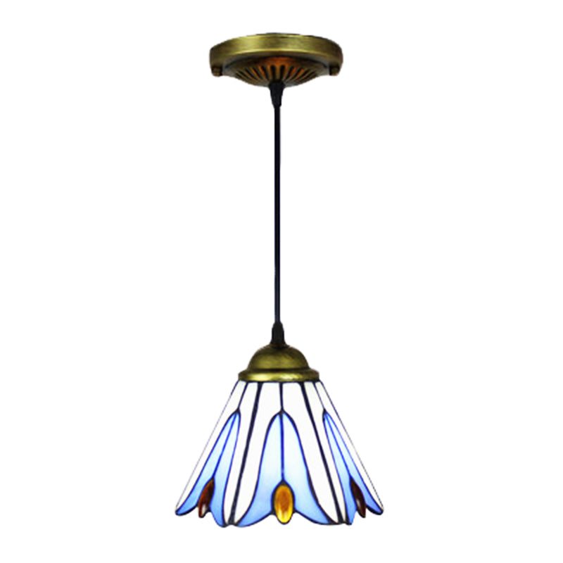 Tiffany-Style Handcrafted Blue Art Glass Pendant Ceiling Lamp with Flower Pattern - Wide Flare, 1 Bulb